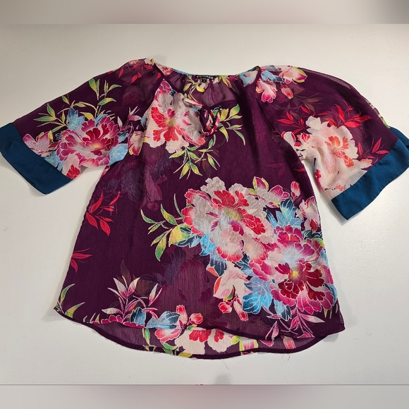 Casual Express Sheer Floral Top Womens Blouse Kimono Half Sleeves EUC Career ^^ - Picture 4 of 8